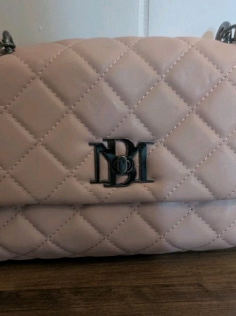 Badgley Mischka Quilted Cross Light Pink Shoulder Bag with Metal Monogram